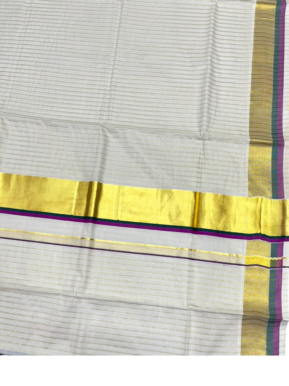 Southloom Kerala Cotton Kasavu Saree with Stripes on Body In Magenta & Green Border SL505