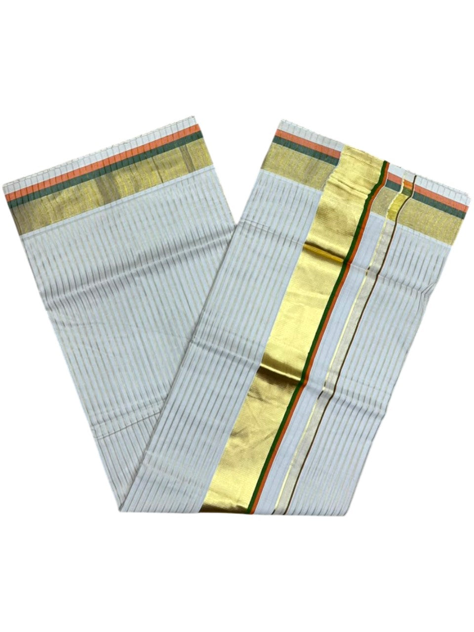 Southloom Kerala Cotton Kasavu Saree with Stripes on Body In Olive Green & Orange Border SL505