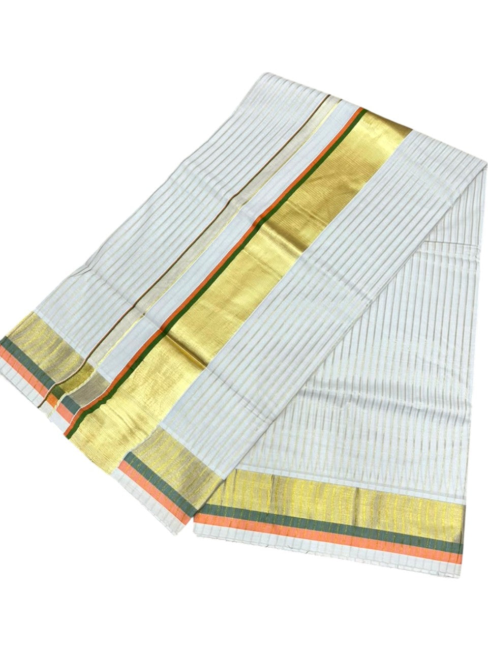 Southloom Kerala Cotton Kasavu Saree with Stripes on Body In Olive Green & Orange Border SL505