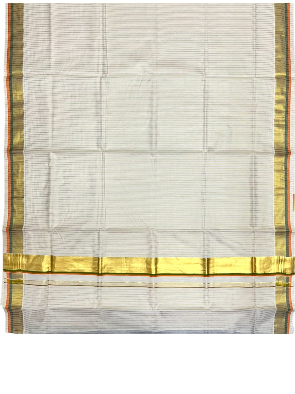 Southloom Kerala Cotton Kasavu Saree with Stripes on Body In Olive Green & Orange Border SL505