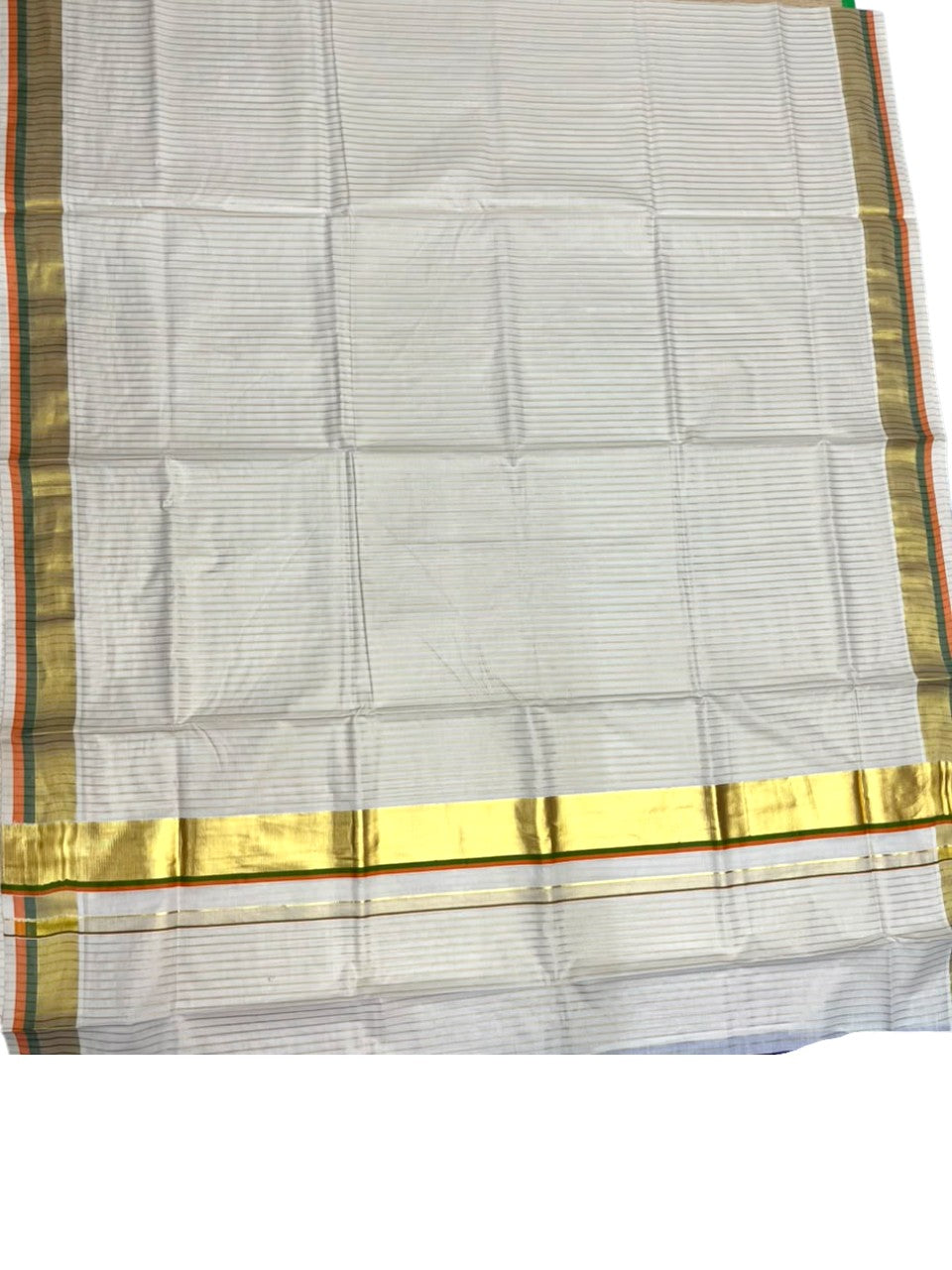 Southloom Kerala Cotton Kasavu Saree with Stripes on Body In Olive Green & Orange Border SL505