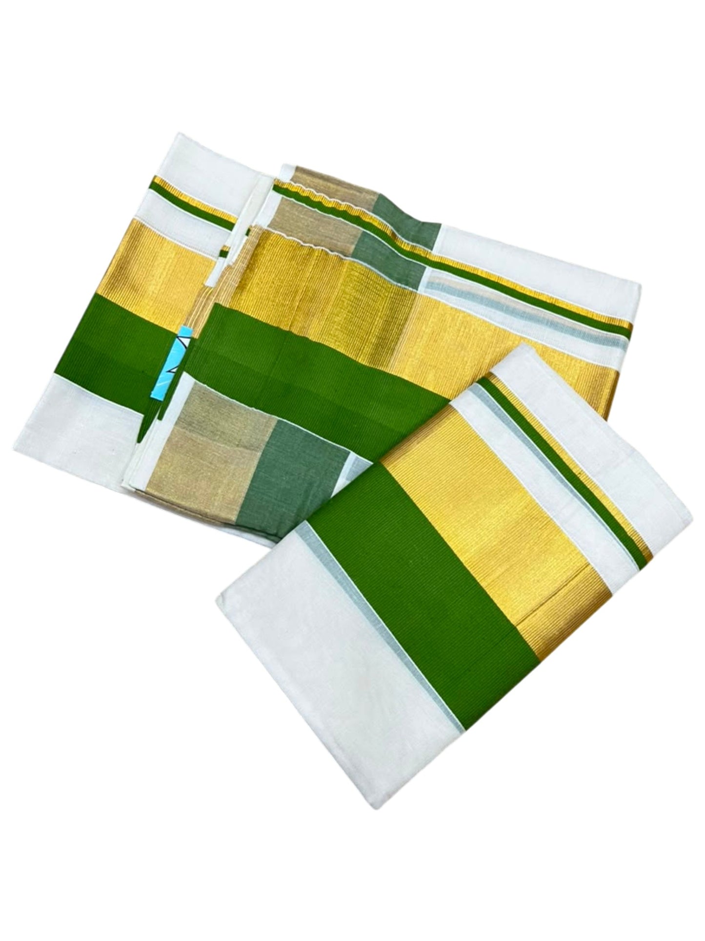 Kerala Cotton Set Mundu (Mundum Neriyathum) with Olive Green and Kasavu Border 2.80 Mtrs SLKK SL504