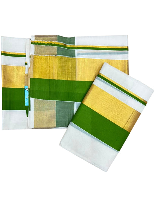 Kerala Cotton Set Mundu (Mundum Neriyathum) with Olive Green and Kasavu Border 2.80 Mtrs SLKK SL504