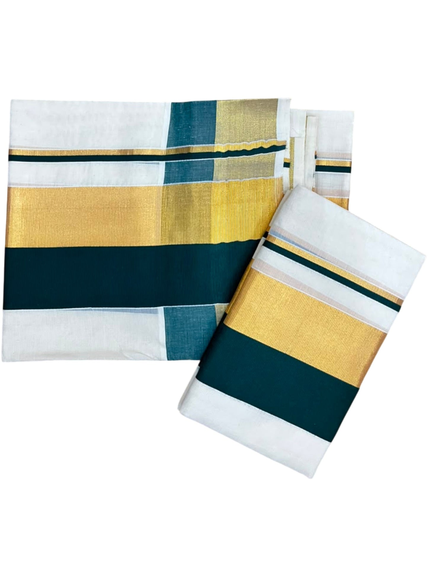 Kerala Cotton Set Mundu (Mundum Neriyathum) with Green and Kasavu Border 2.80 Mtrs SLKK SL504