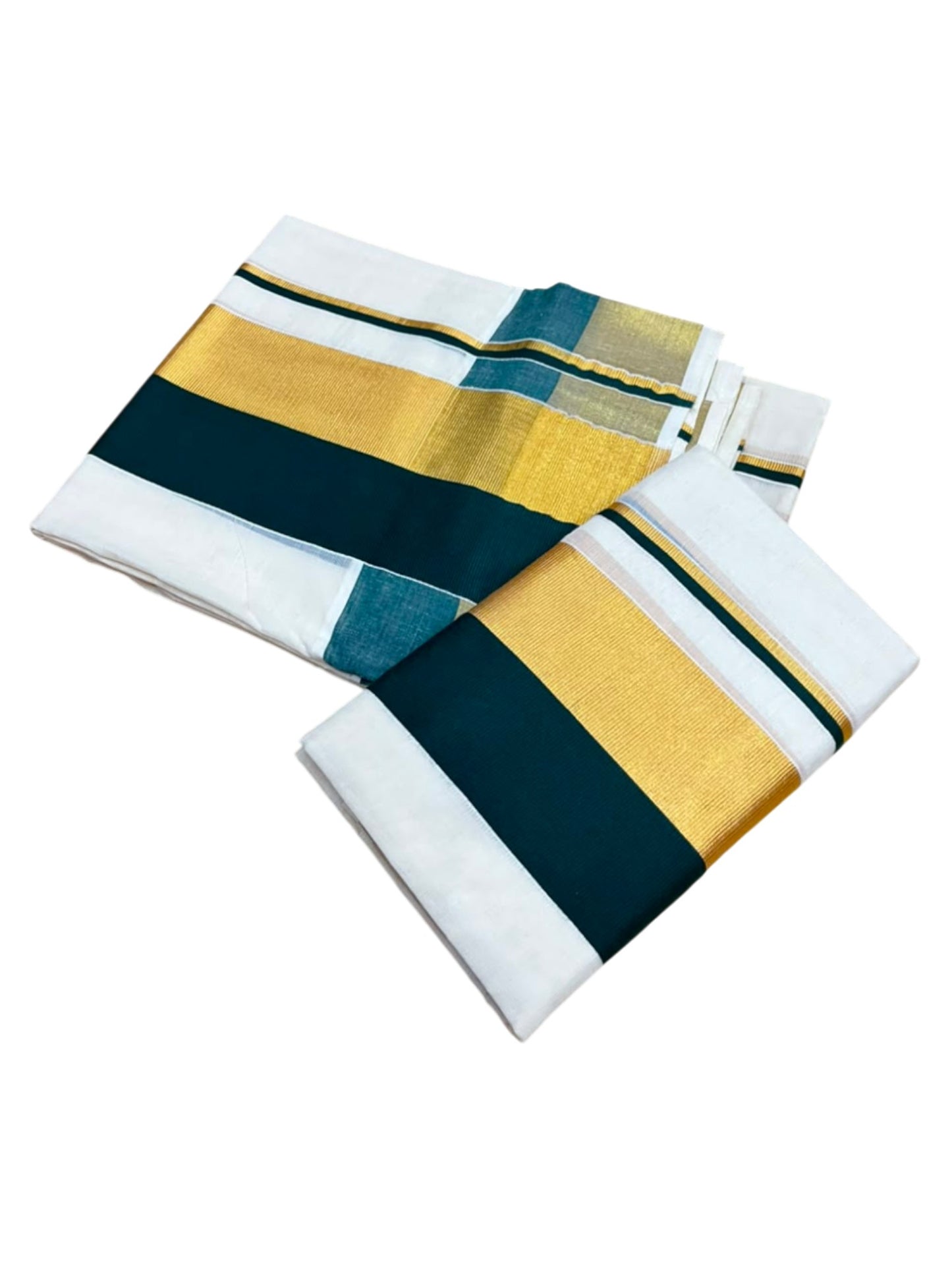 Kerala Cotton Set Mundu (Mundum Neriyathum) with Green and Kasavu Border 2.80 Mtrs SLKK SL504