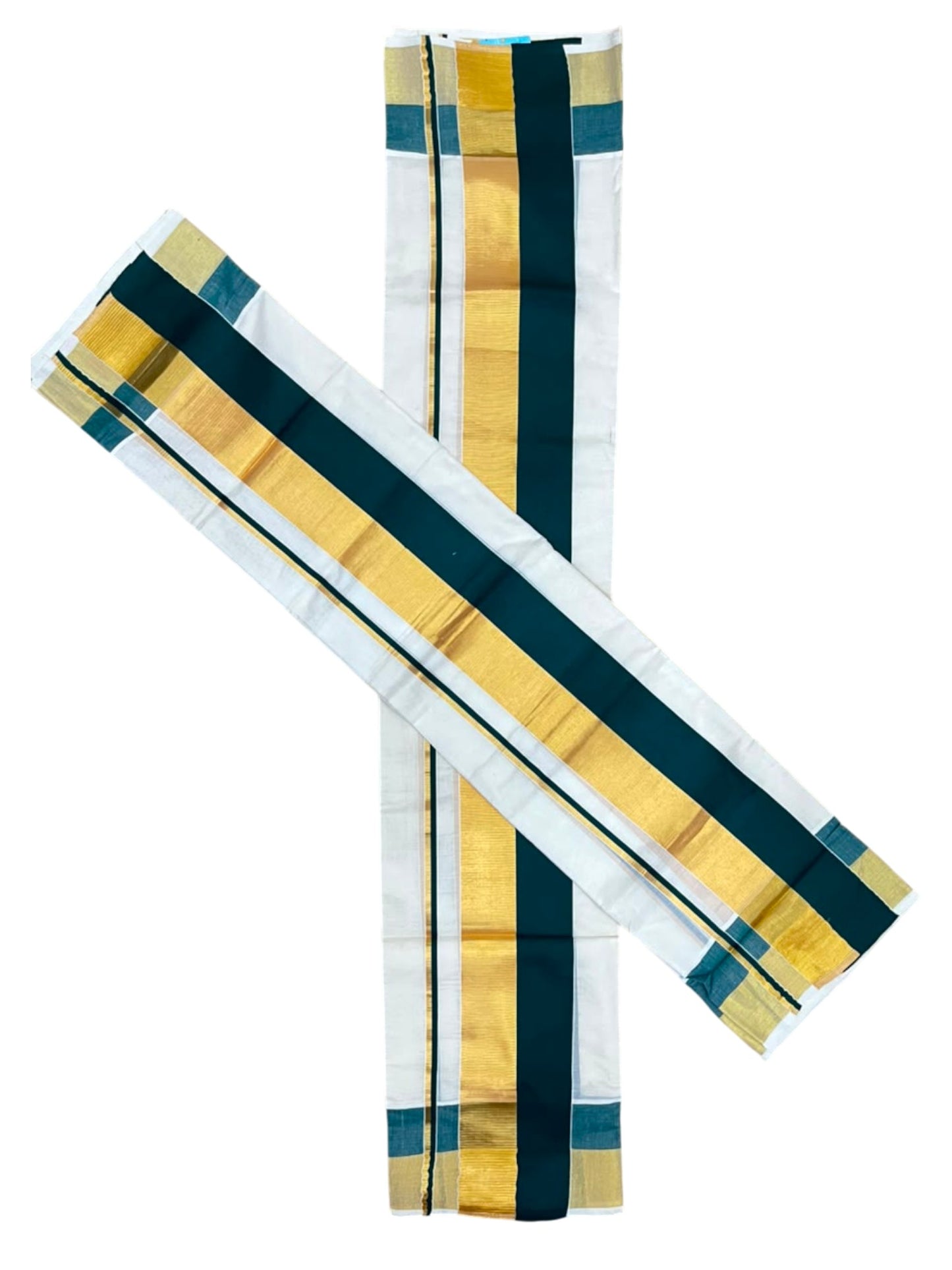 Kerala Cotton Set Mundu (Mundum Neriyathum) with Green and Kasavu Border 2.80 Mtrs SLKK SL504