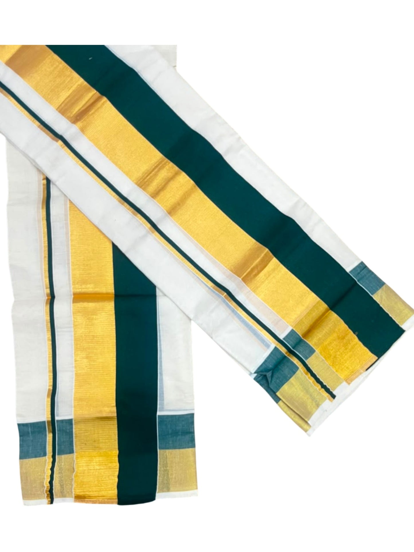 Kerala Cotton Set Mundu (Mundum Neriyathum) with Green and Kasavu Border 2.80 Mtrs SLKK SL504