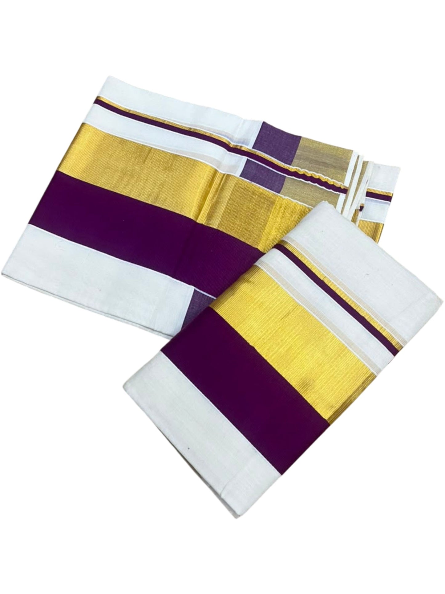 Kerala Cotton Set Mundu (Mundum Neriyathum) with Purple and Kasavu Border 2.80 Mtrs SLKK SL504