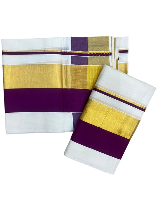 Kerala Cotton Set Mundu (Mundum Neriyathum) with Purple and Kasavu Border 2.80 Mtrs SLKK SL504