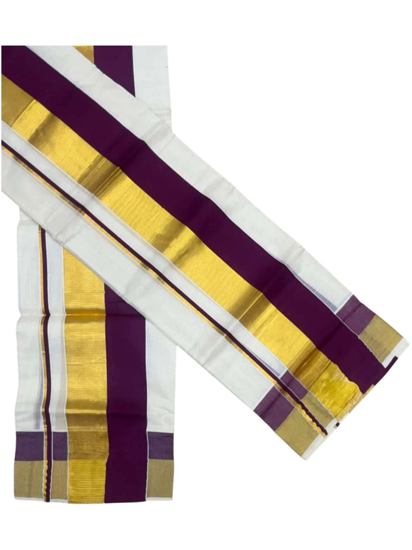 Kerala Cotton Set Mundu (Mundum Neriyathum) with Purple and Kasavu Border 2.80 Mtrs SLKK SL504