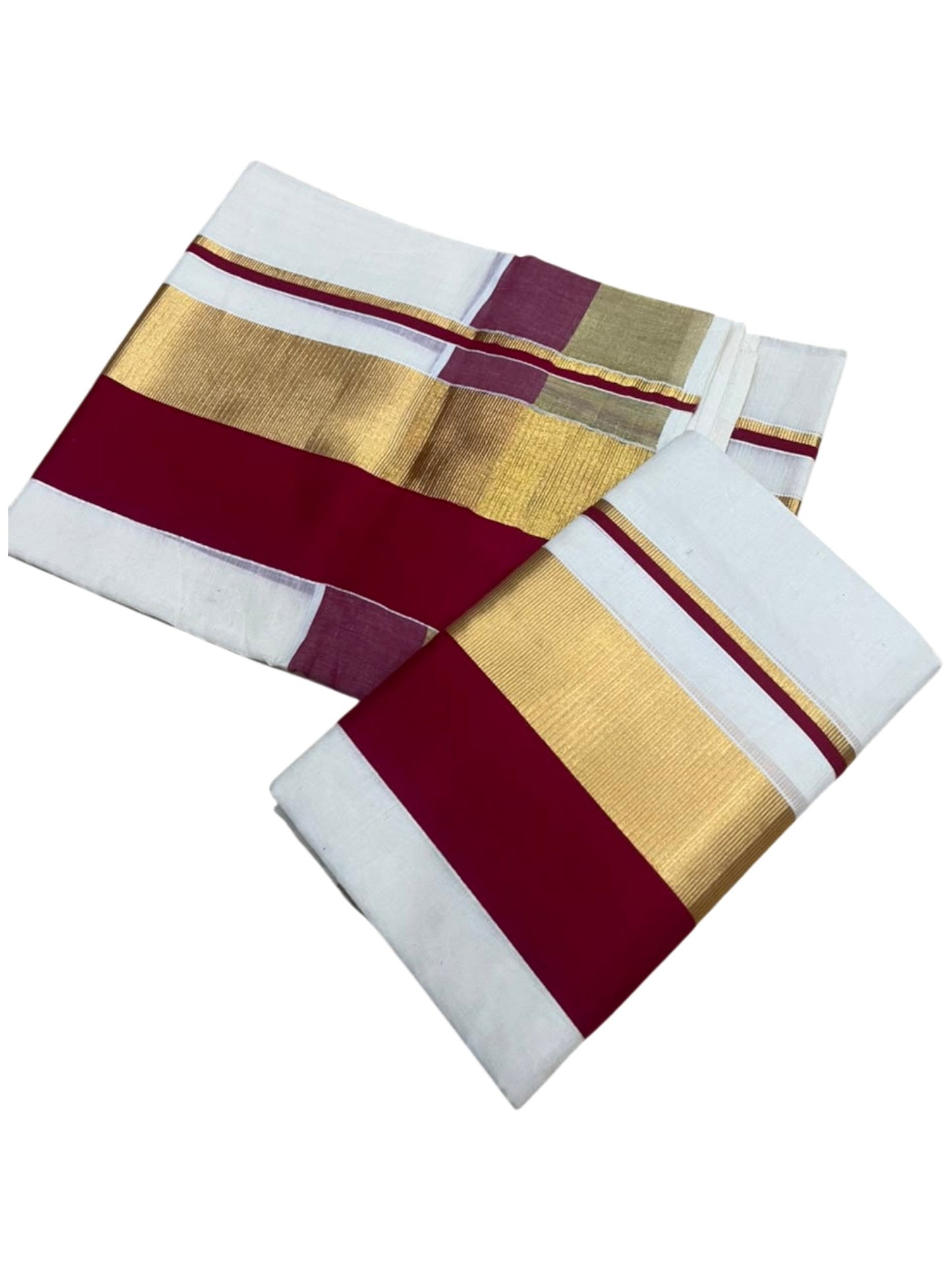 Kerala Cotton Set Mundu (Mundum Neriyathum) with Maroon and Kasavu Border 2.80 Mtrs SLKK SL504