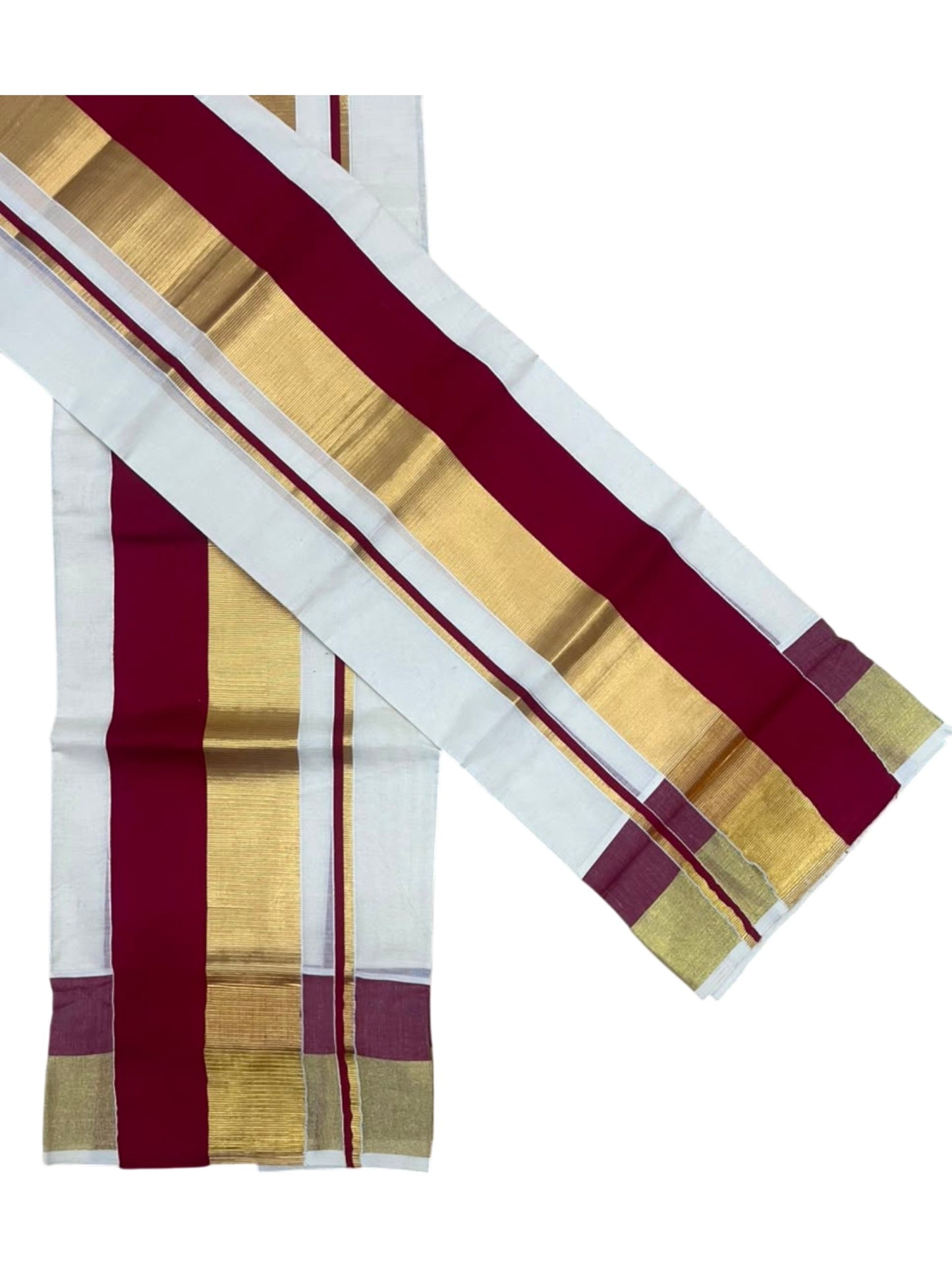 Kerala Cotton Set Mundu (Mundum Neriyathum) with Maroon and Kasavu Border 2.80 Mtrs SLKK SL504