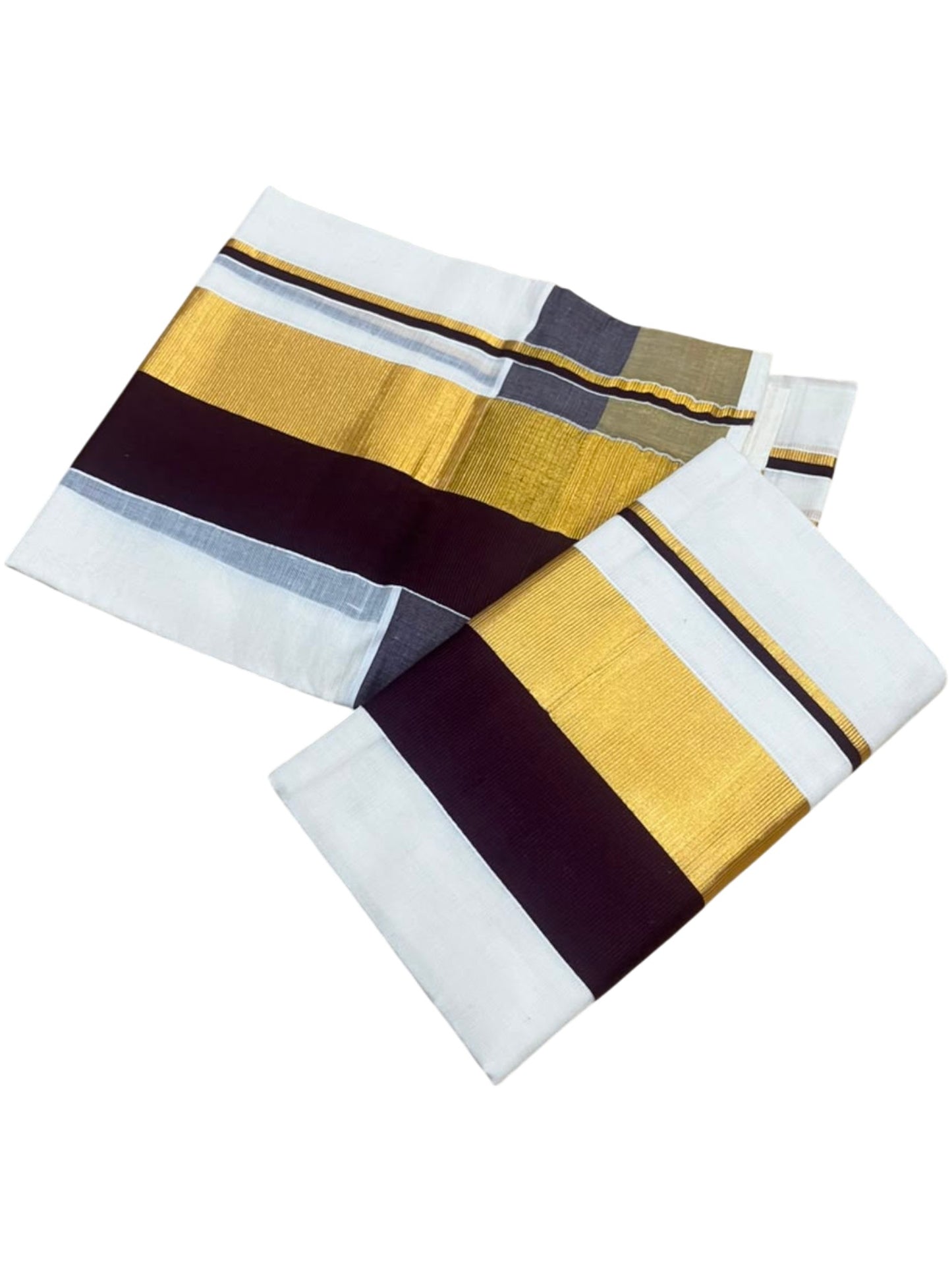 Kerala Cotton Set Mundu (Mundum Neriyathum) with Brown and Kasavu Border 2.80 Mtrs SLKK SL504