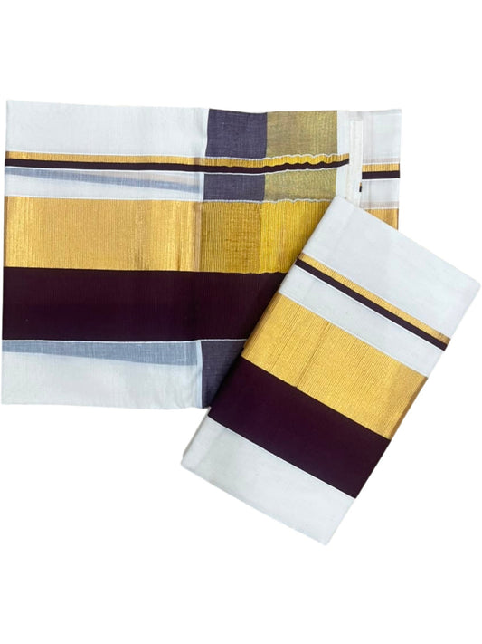 Kerala Cotton Set Mundu (Mundum Neriyathum) with Brown and Kasavu Border 2.80 Mtrs SLKK SL504