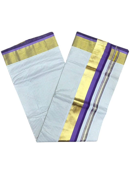 Southloom Kerala Cotton Kasavu Saree with Stripes on Body In Lavender & Purple SL506