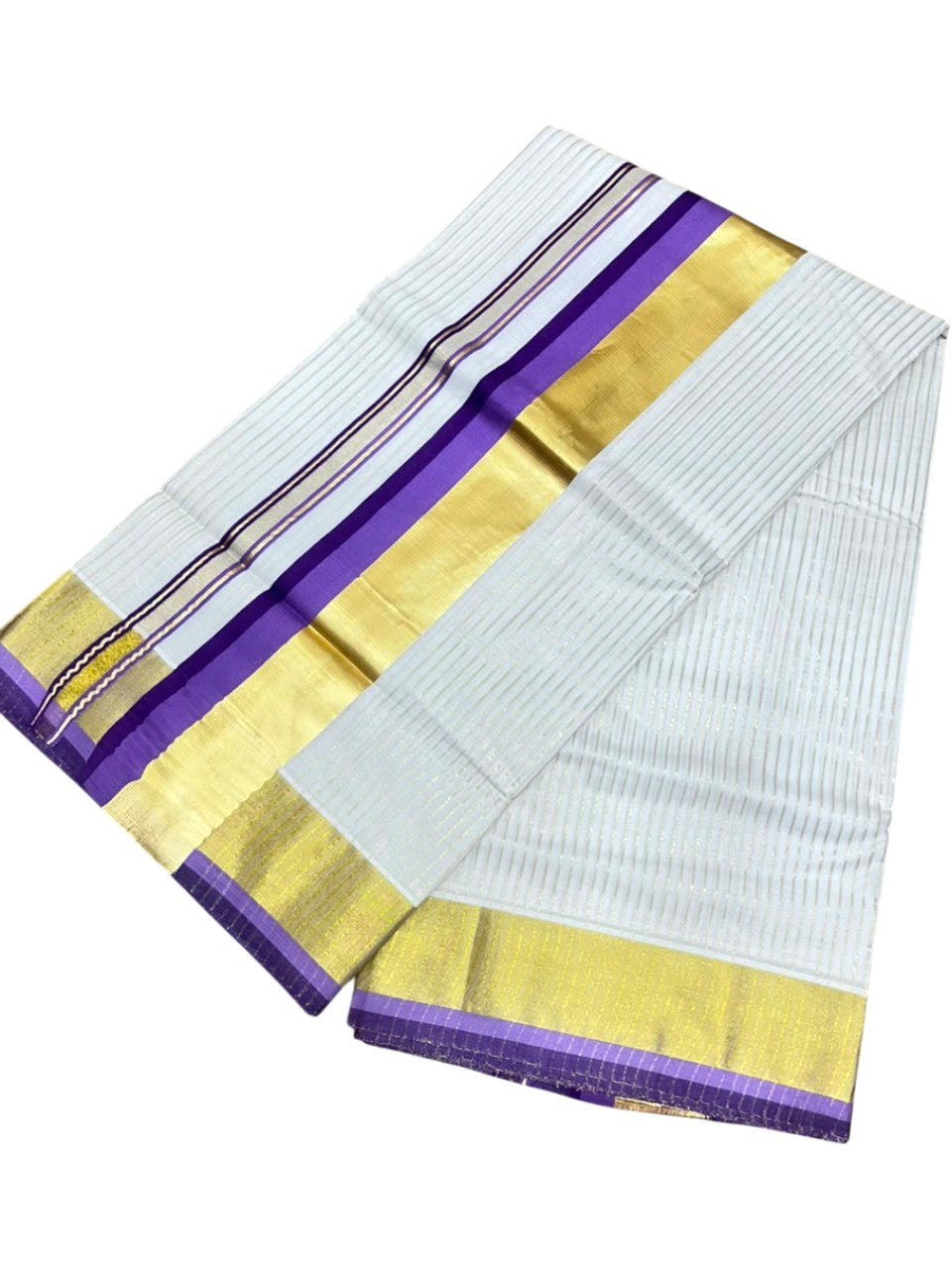 Southloom Kerala Cotton Kasavu Saree with Stripes on Body In Lavender & Purple SL506