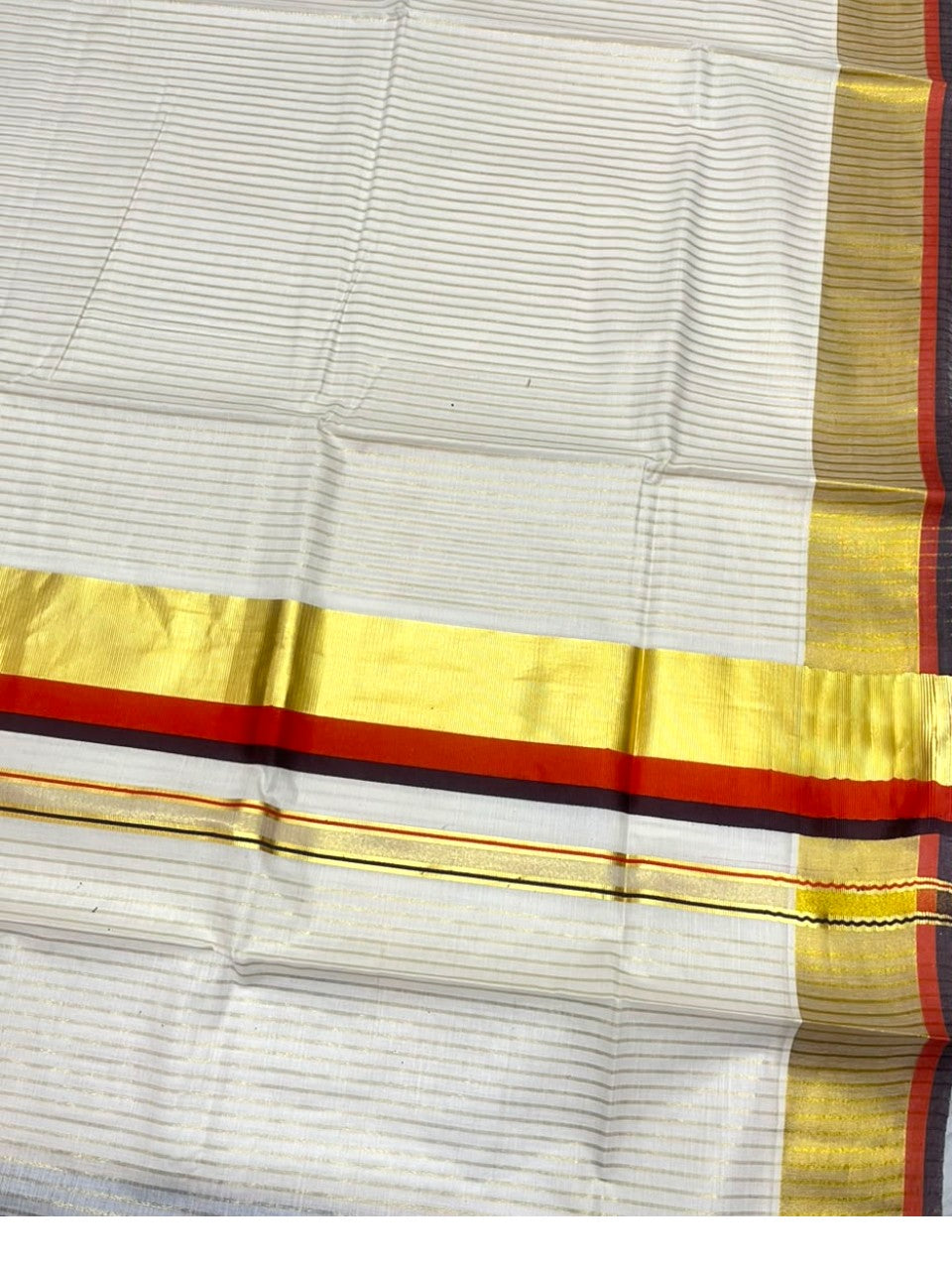 Southloom Kerala Cotton Kasavu Saree with Stripes on Body In Brown & Orange SL506