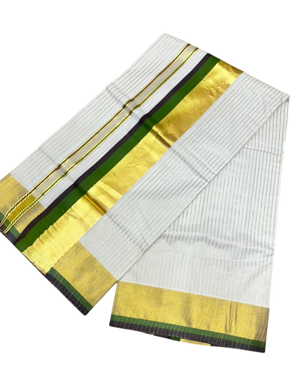 Southloom Kerala Cotton Kasavu Saree with Stripes on Body In Olive Green & Brown SL506