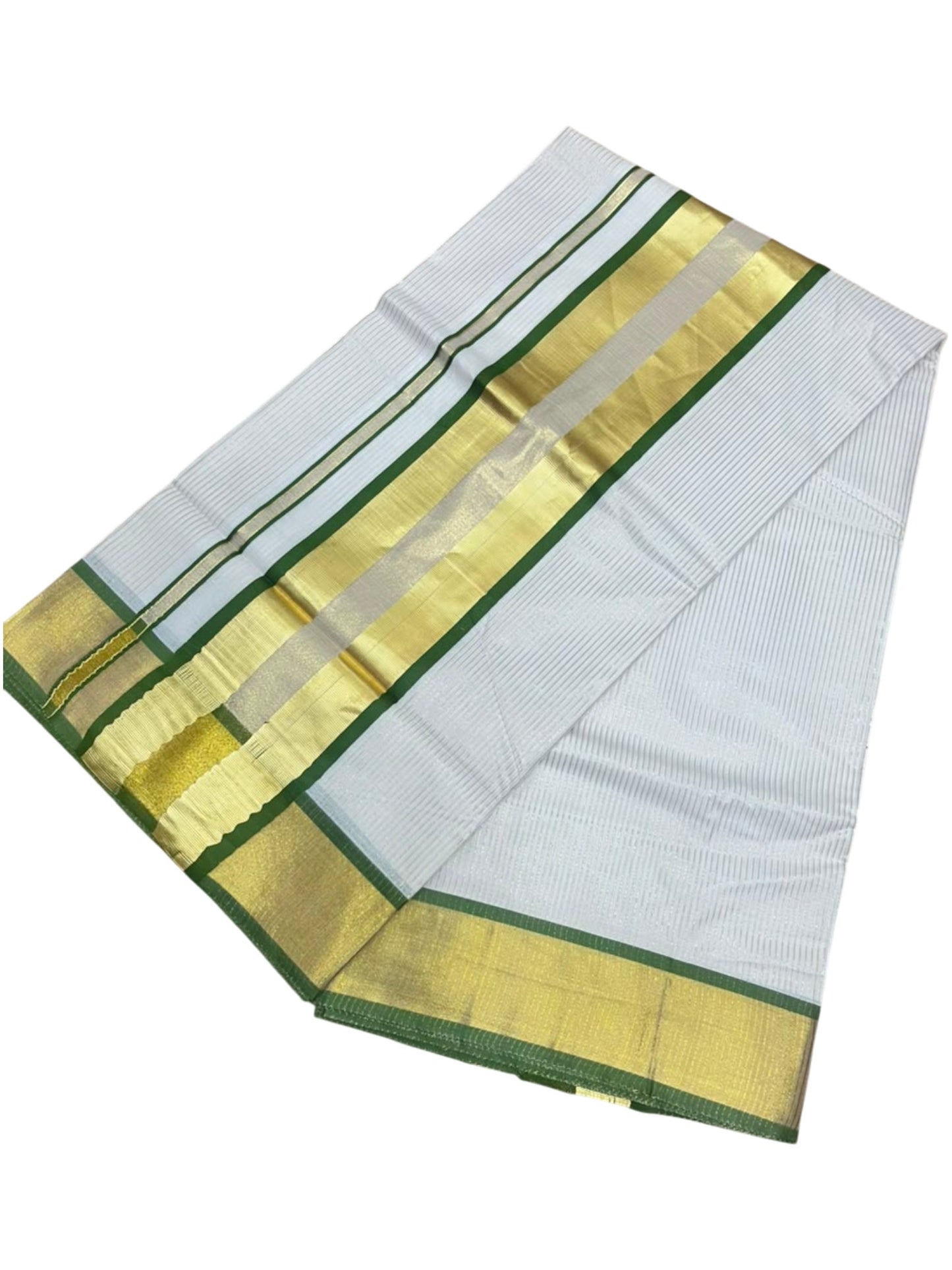 Southloom Kerala Cotton Kasavu Saree with Micro Stripes on Body In Olive Green Border SL361
