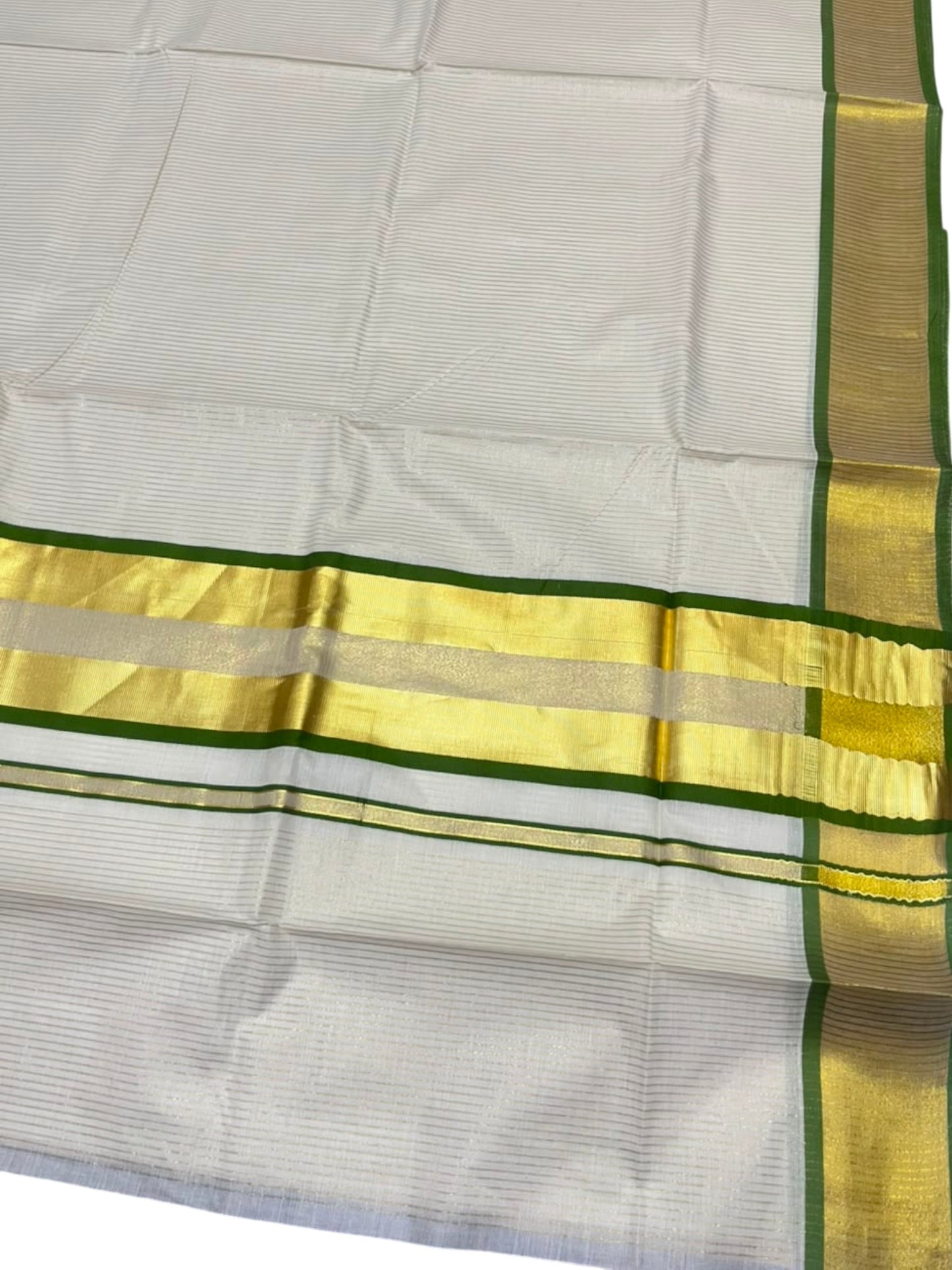 Southloom Kerala Cotton Kasavu Saree with Micro Stripes on Body In Olive Green Border SL361