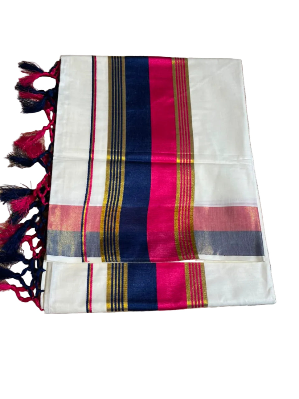 Kerala Cotton Kasavu With Blue & Pink Colour Border Saree SL499