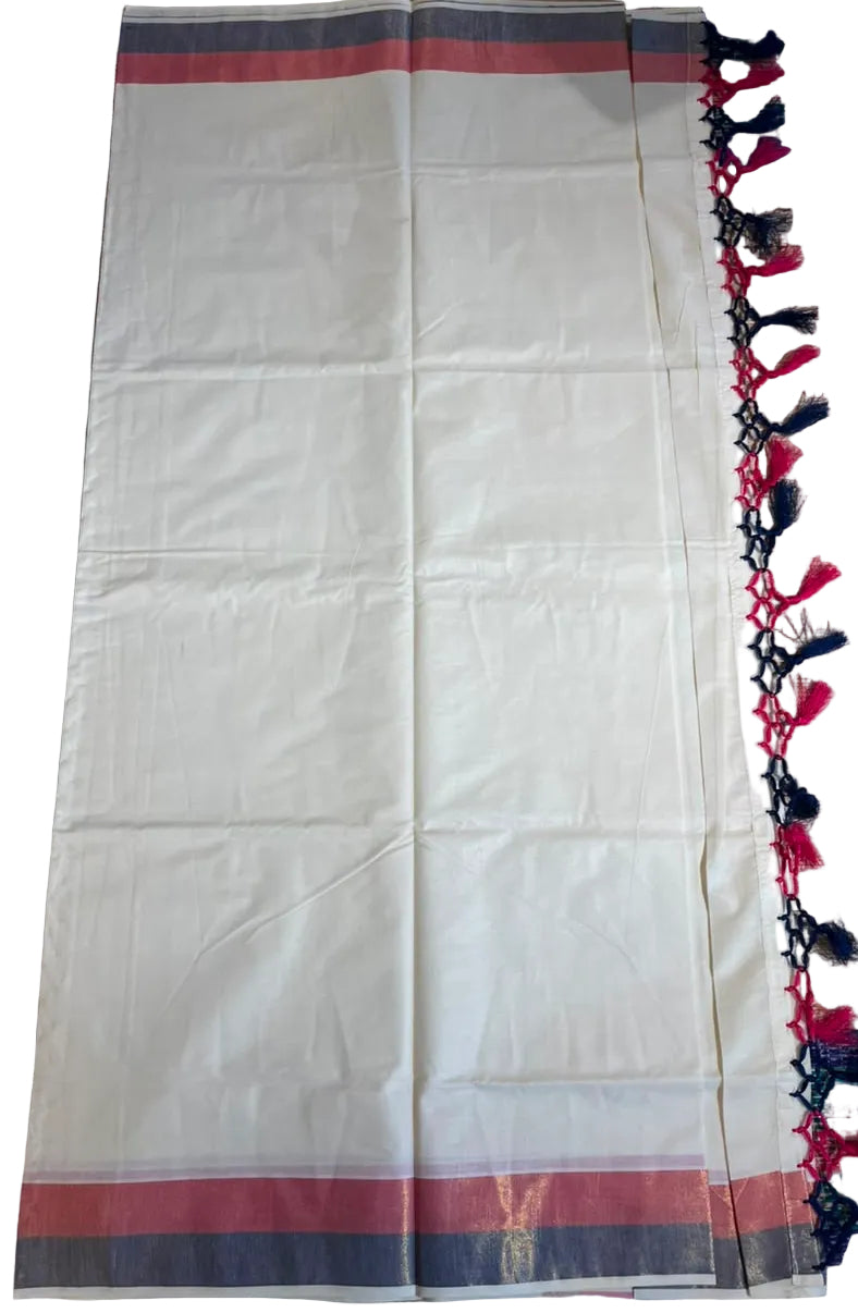 Kerala Cotton Kasavu With Blue & Pink Colour Border Saree SL499