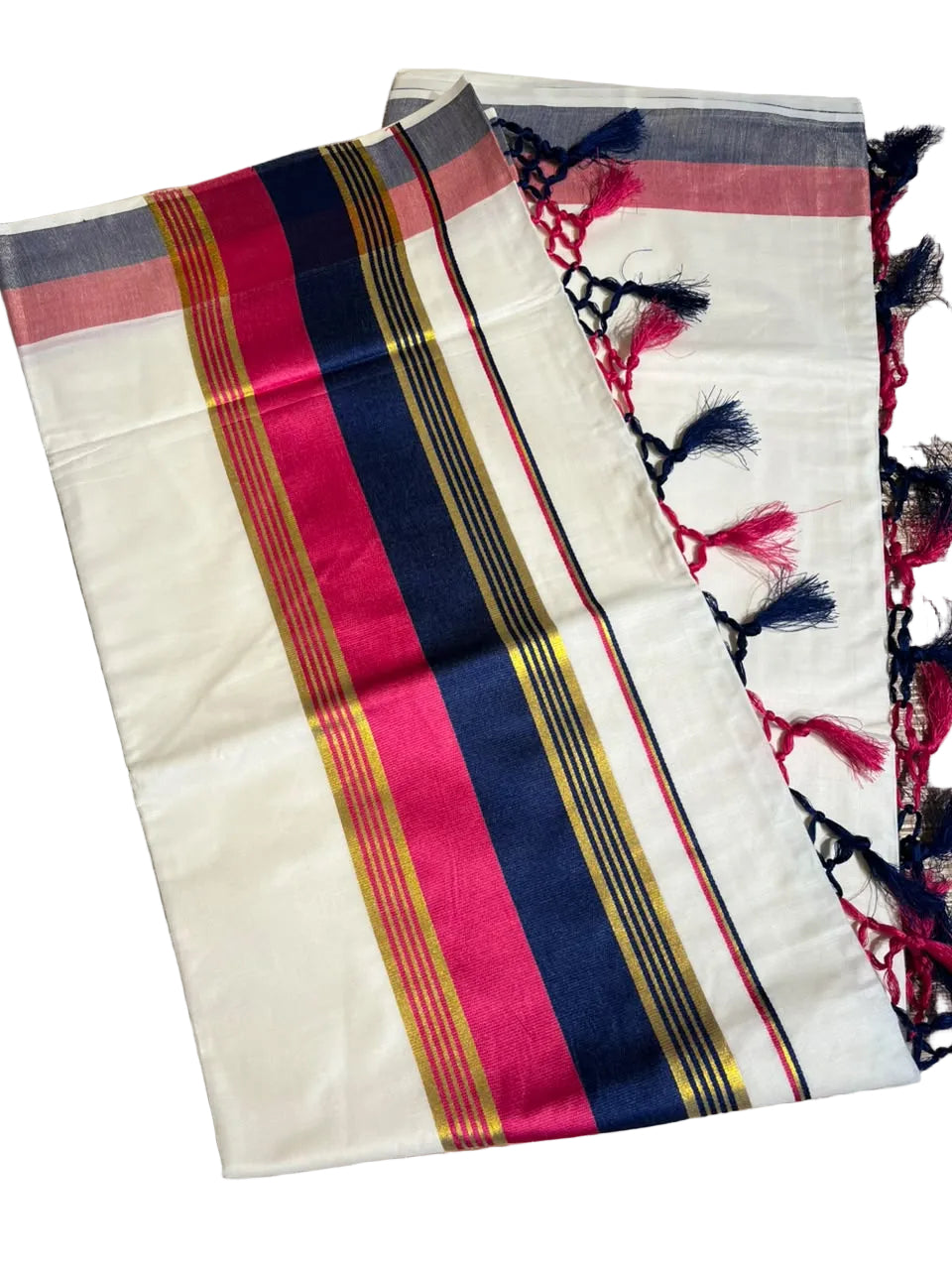 Kerala Cotton Kasavu With Blue & Pink Colour Border Saree SL499