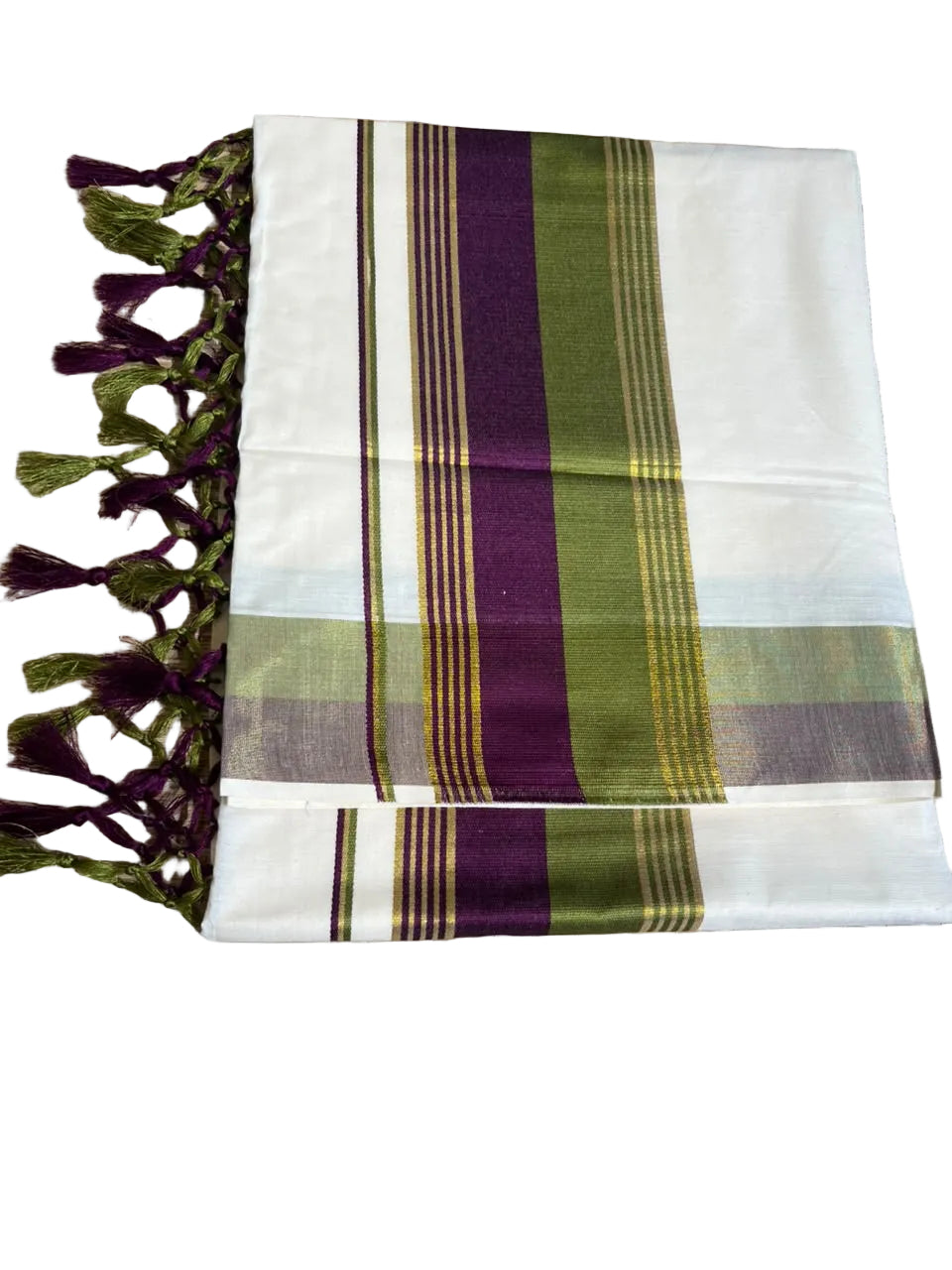 Kerala Cotton Kasavu Saree With olive Green And Purple Borders SL498