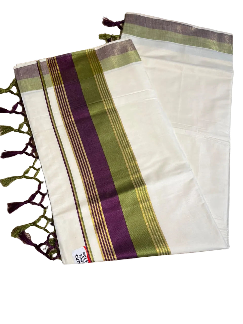 Kerala Cotton Kasavu Saree With olive Green And Purple Borders SL498