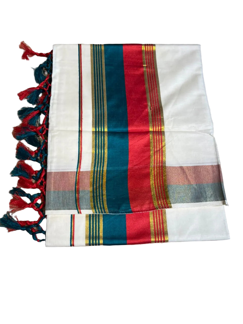 Kerala Cotton Kasavu With Red & Green Colour Border Saree SL499