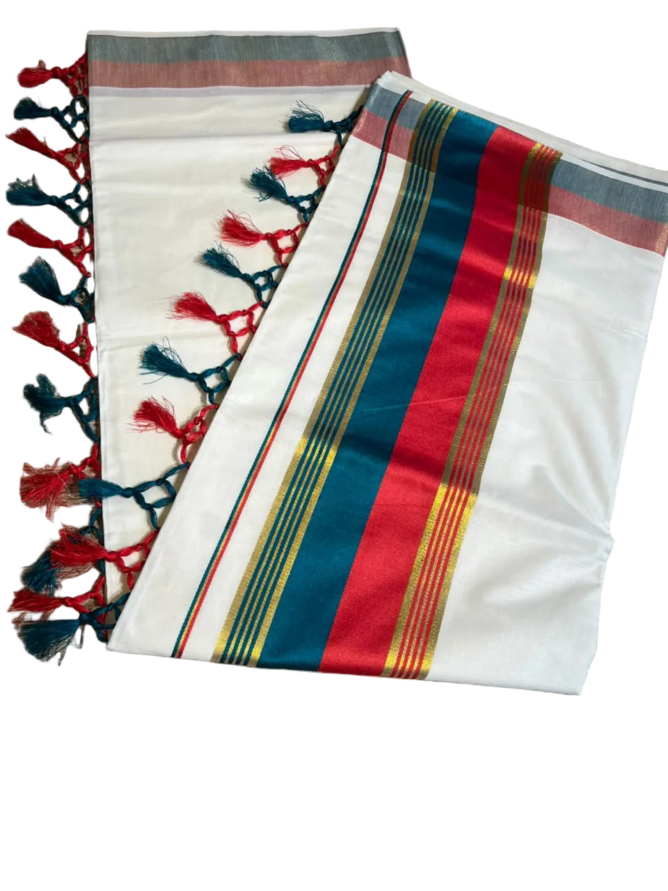 Kerala Cotton Kasavu With Red & Green Colour Border Saree SL499