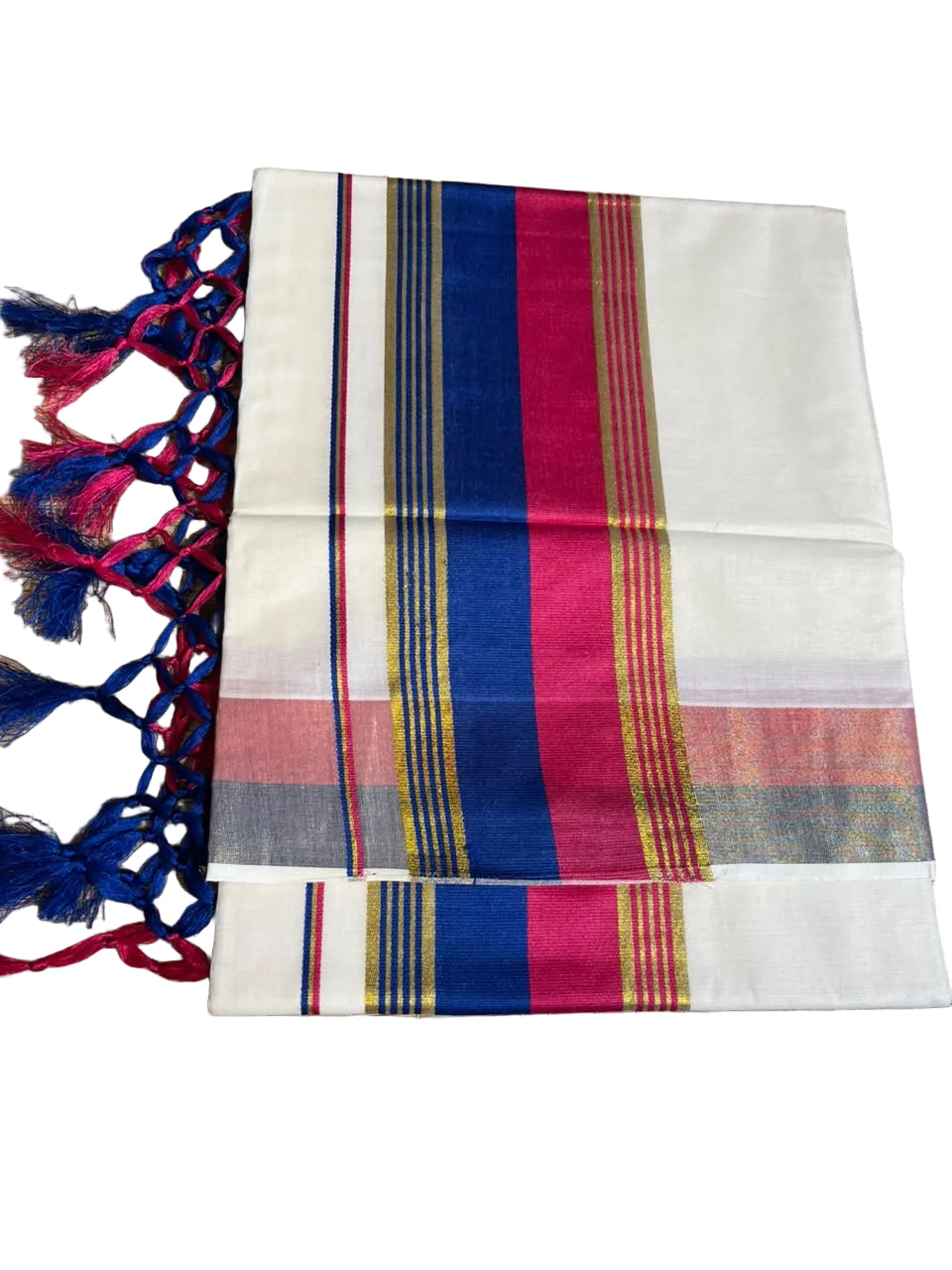 Kerala Cotton Kasavu With Royal Blue & Pink Colour Border Saree SL499