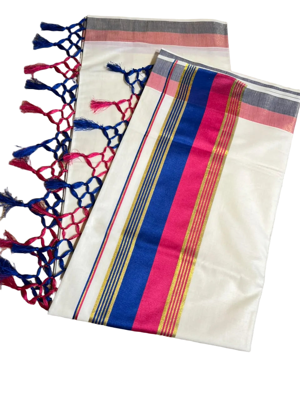 Kerala Cotton Kasavu With Royal Blue & Pink Colour Border Saree SL499