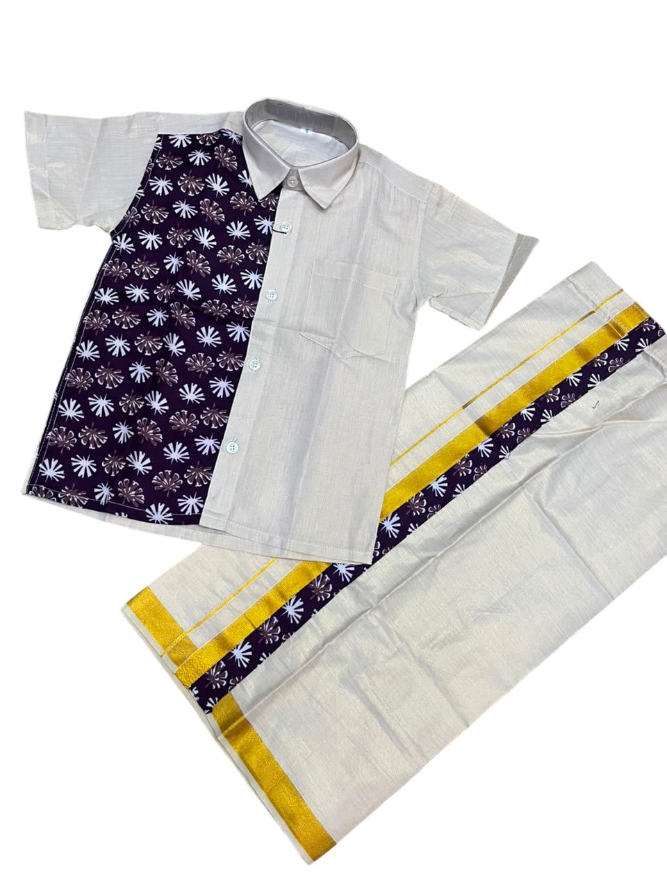 Southloom Tissue Ajrakh Printed Kids's Combo (Shirt + Velcro Mund )