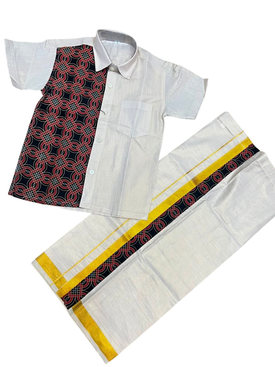 Southloom Tissue Ajrakh Printed Kids's Combo (Shirt + Velcro Mund )