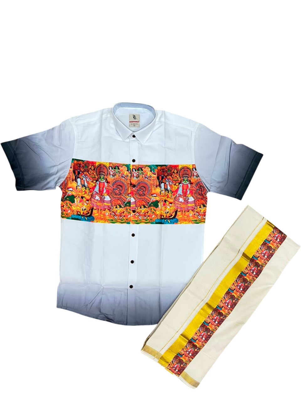 Southloom Cotton Theyyam & Kadhakali Mural Printed Men's Combo In Balck (Shirt + Mundu)