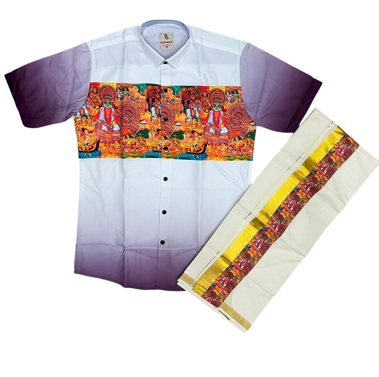 Southloom Cotton Theyyam & Kadhakali Mural Printed Men's Combo In Purple (Shirt + Mundu)