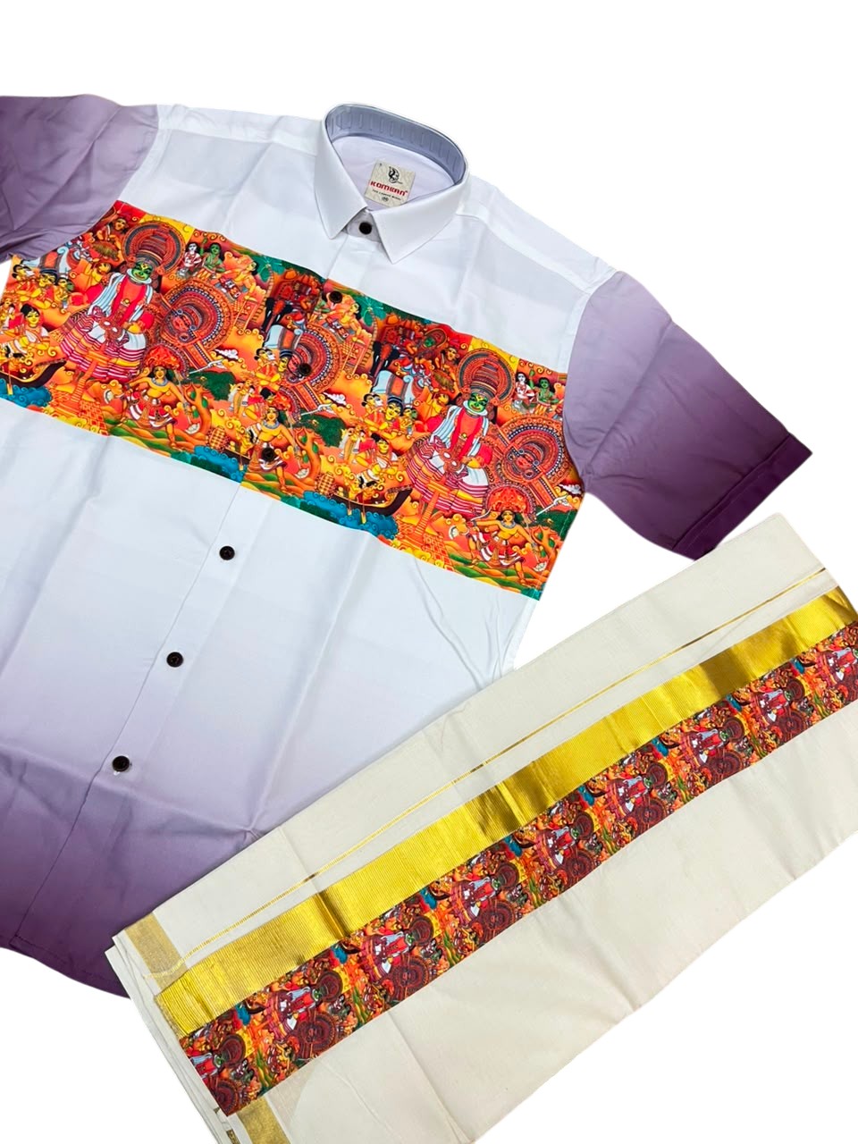 Southloom Cotton Theyyam & Kadhakali Mural Printed Men's Combo In Purple (Shirt + Mundu)