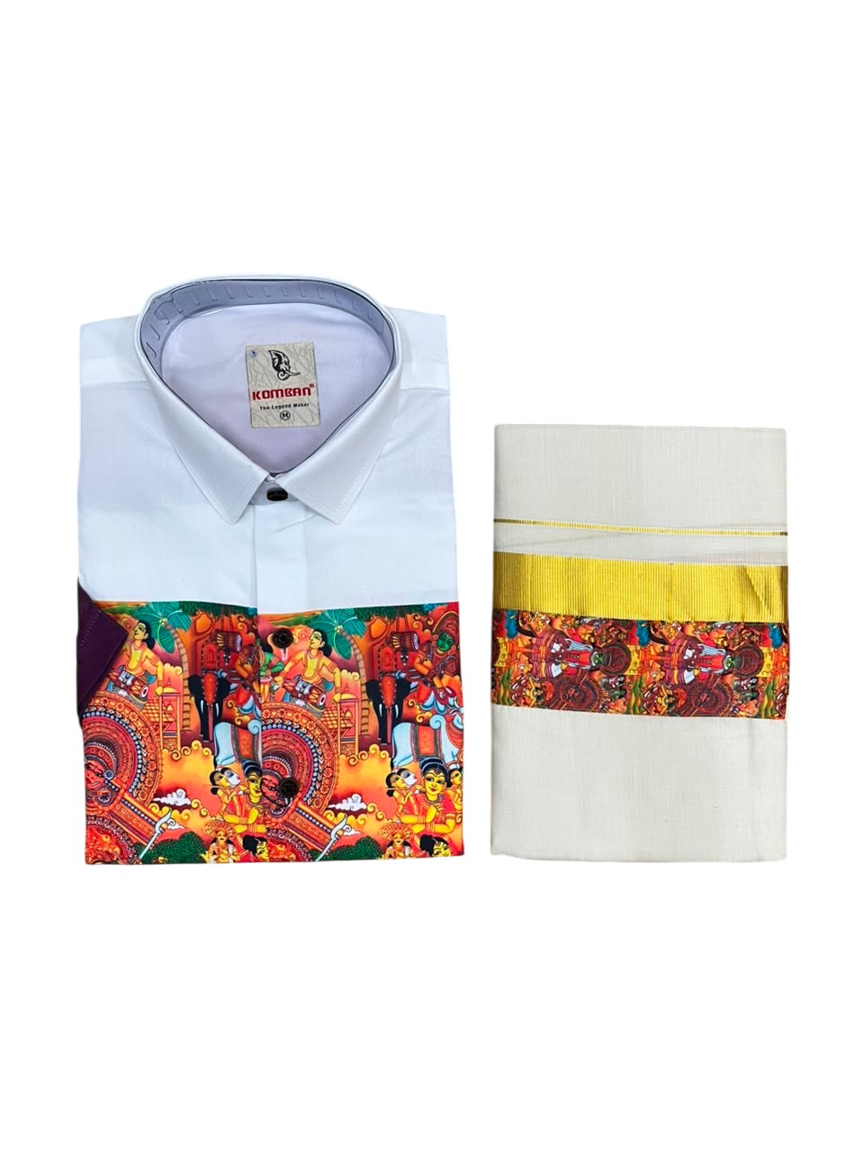 Southloom Cotton Theyyam & Kadhakali Mural Printed Men's Combo In Purple (Shirt + Mundu)