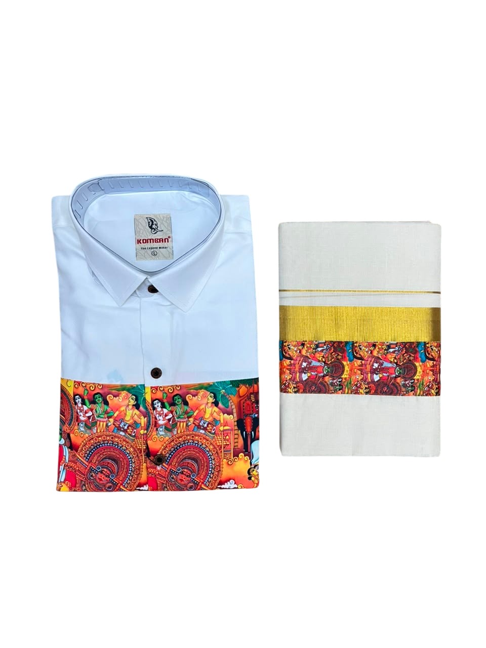Southloom Cotton Theyyam & Kadhakali Mural Printed Men's Combo In Balck (Shirt + Mundu)