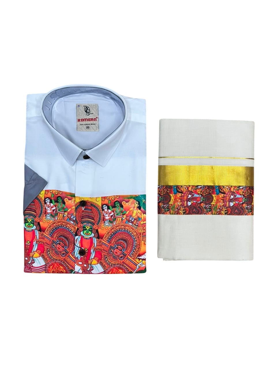 Southloom Cotton Theyyam & Kadhakali Mural Printed Men's Combo In Grey (Shirt + Mundu)