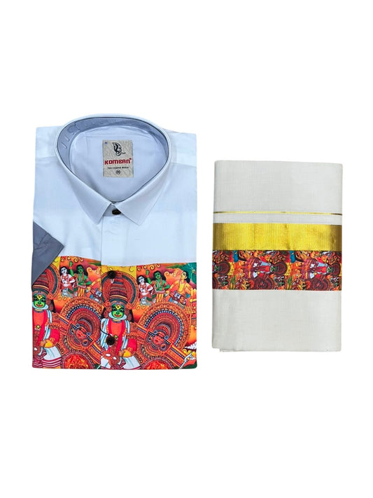 Southloom Cotton Theyyam & Kadhakali Mural Printed Men's Combo In Grey (Shirt + Mundu)