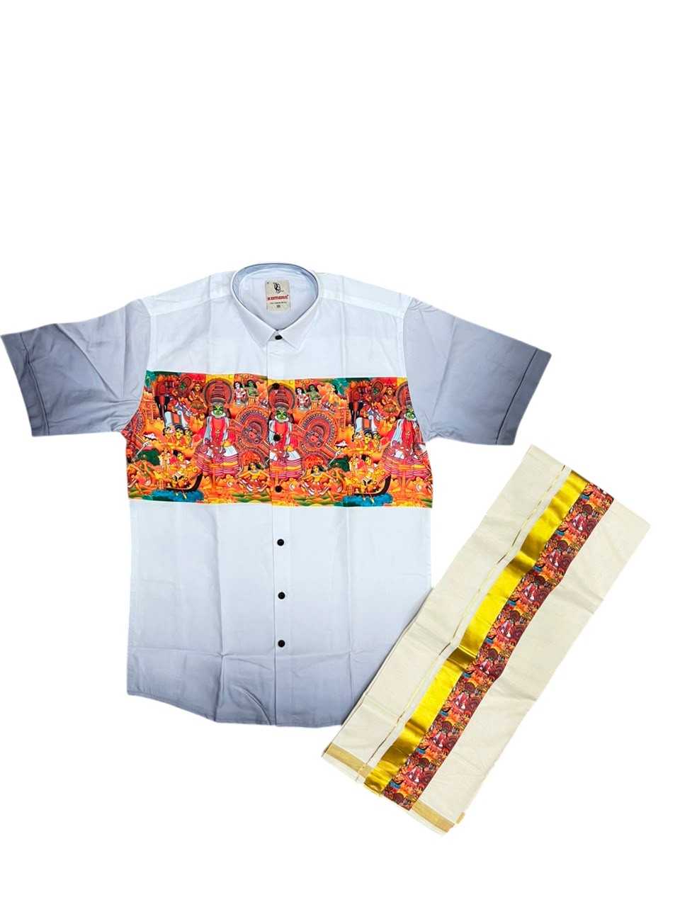 Southloom Cotton Theyyam & Kadhakali Mural Printed Men's Combo In Grey (Shirt + Mundu)