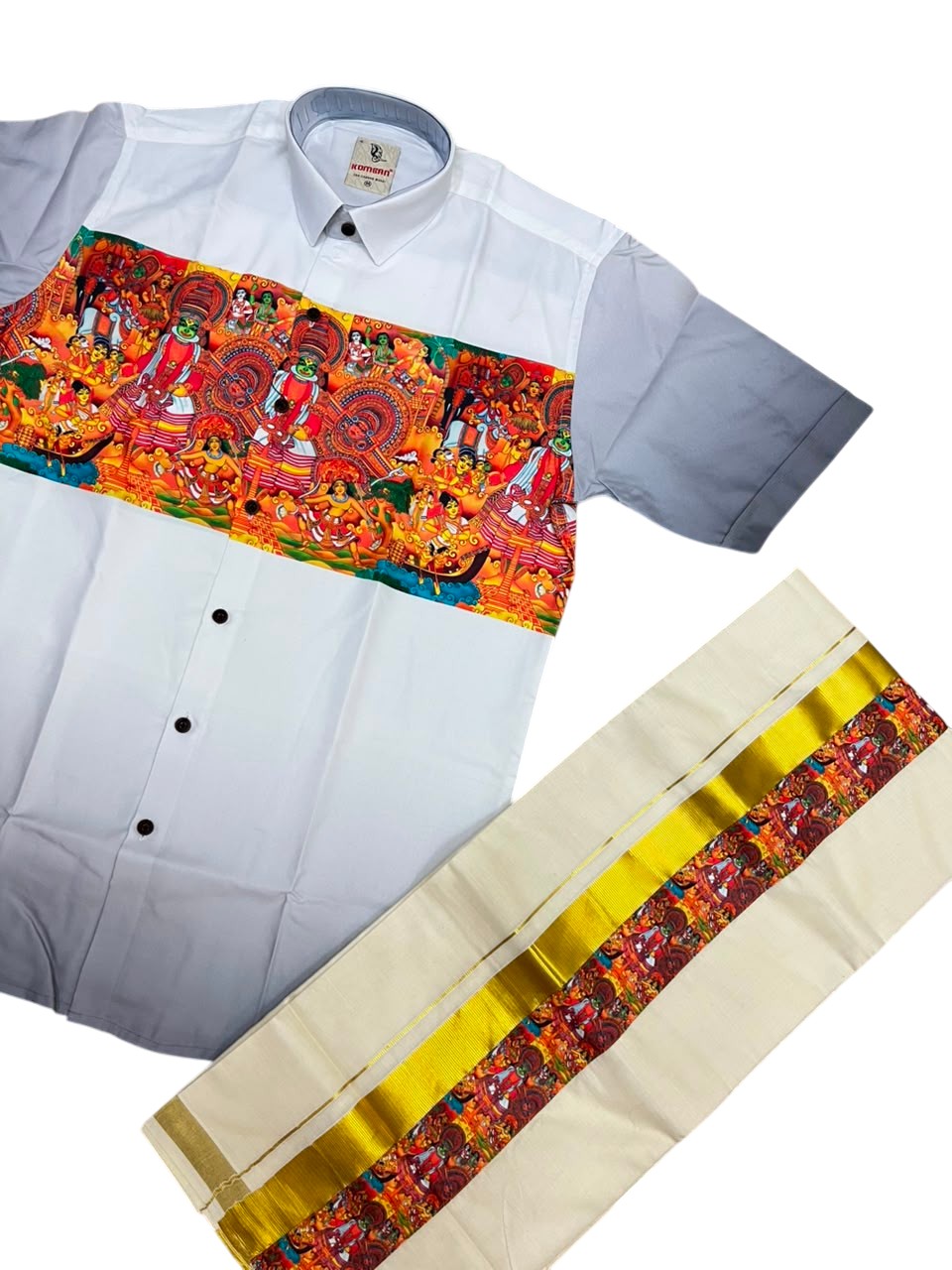 Southloom Cotton Theyyam & Kadhakali Mural Printed Men's Combo In Grey (Shirt + Mundu)