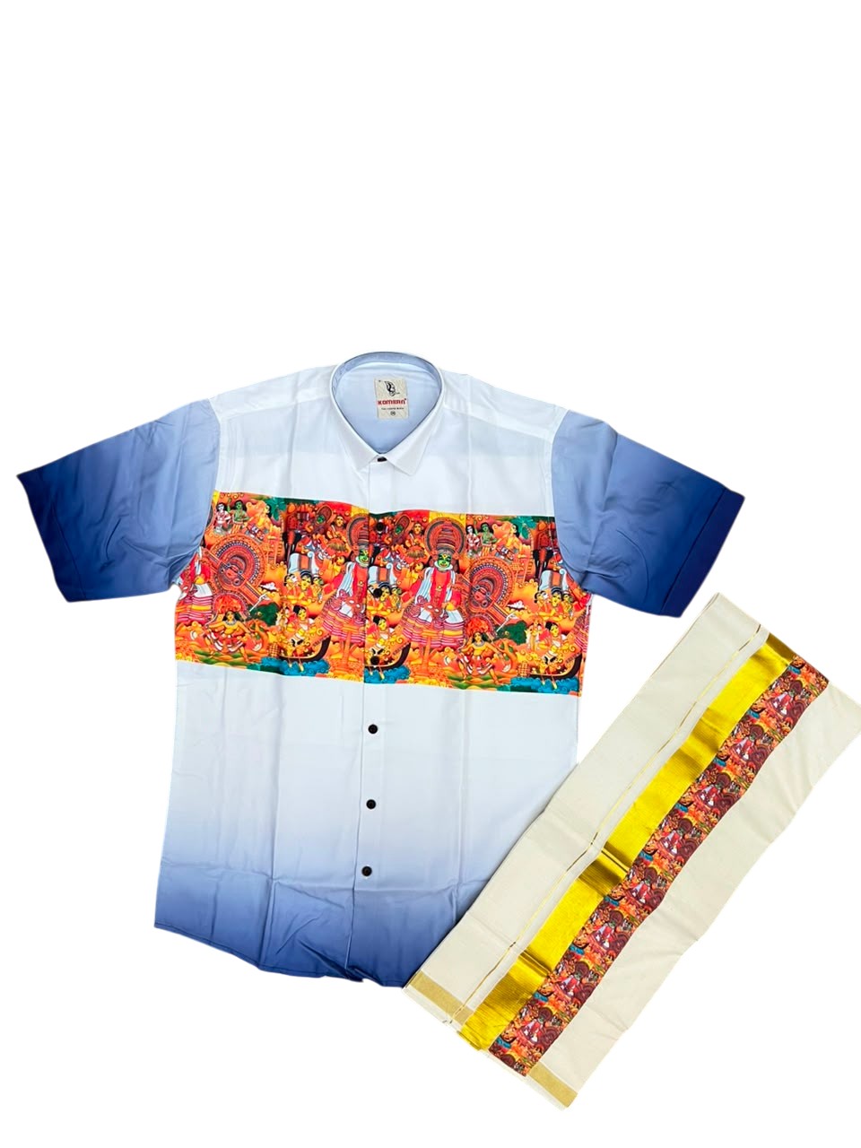 Southloom Cotton Theyyam & Kadhakali Mural Printed Men's Combo In Blue (Shirt + Mundu) (Copy)