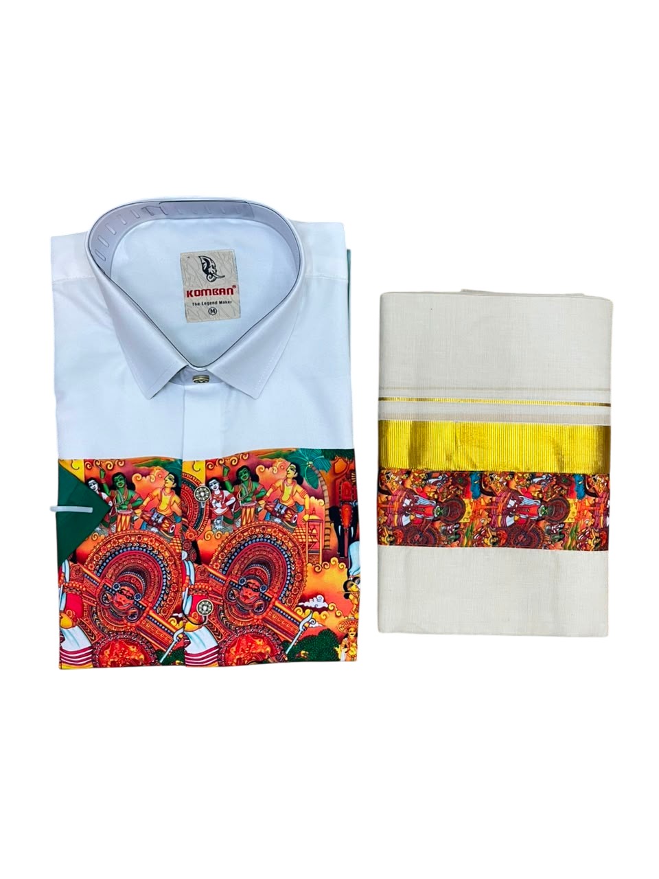 Southloom Cotton Theyyam & Kadhakali Mural Printed Men's Combo In Green (Shirt + Mundu)