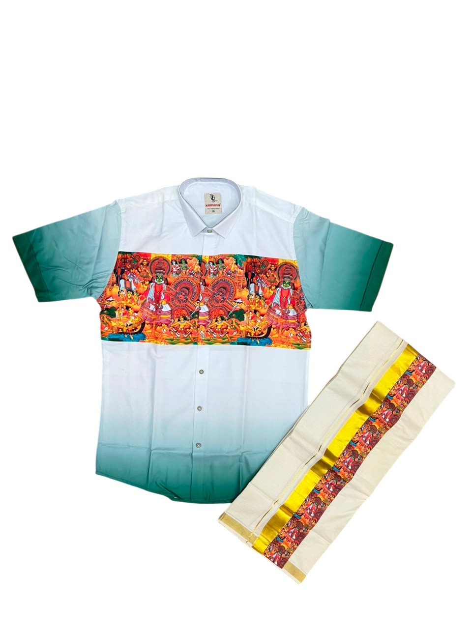 Southloom Cotton Theyyam & Kadhakali Mural Printed Men's Combo In Green (Shirt + Mundu)