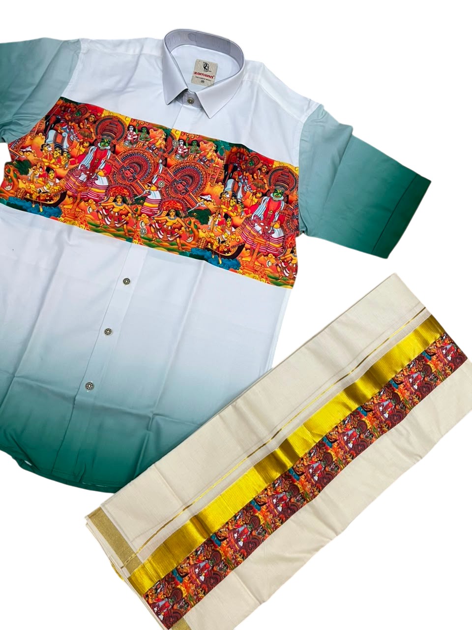 Southloom Cotton Theyyam & Kadhakali Mural Printed Men's Combo In Green (Shirt + Mundu)