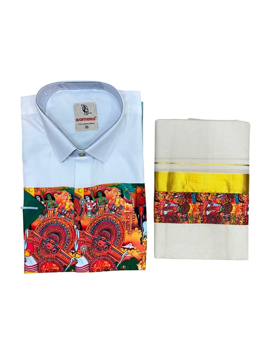 Southloom Cotton Theyyam & Kadhakali Mural Printed Men's Combo In Green (Shirt + Mundu)