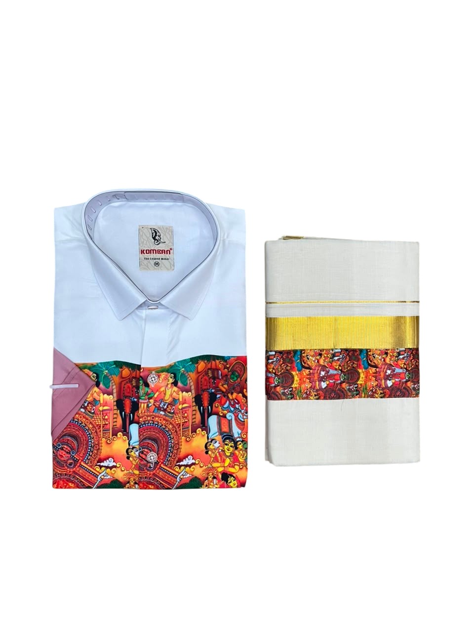 Southloom Cotton Theyyam & Kadhakali Mural Printed Men's Combo In Peach (Shirt + Mundu)